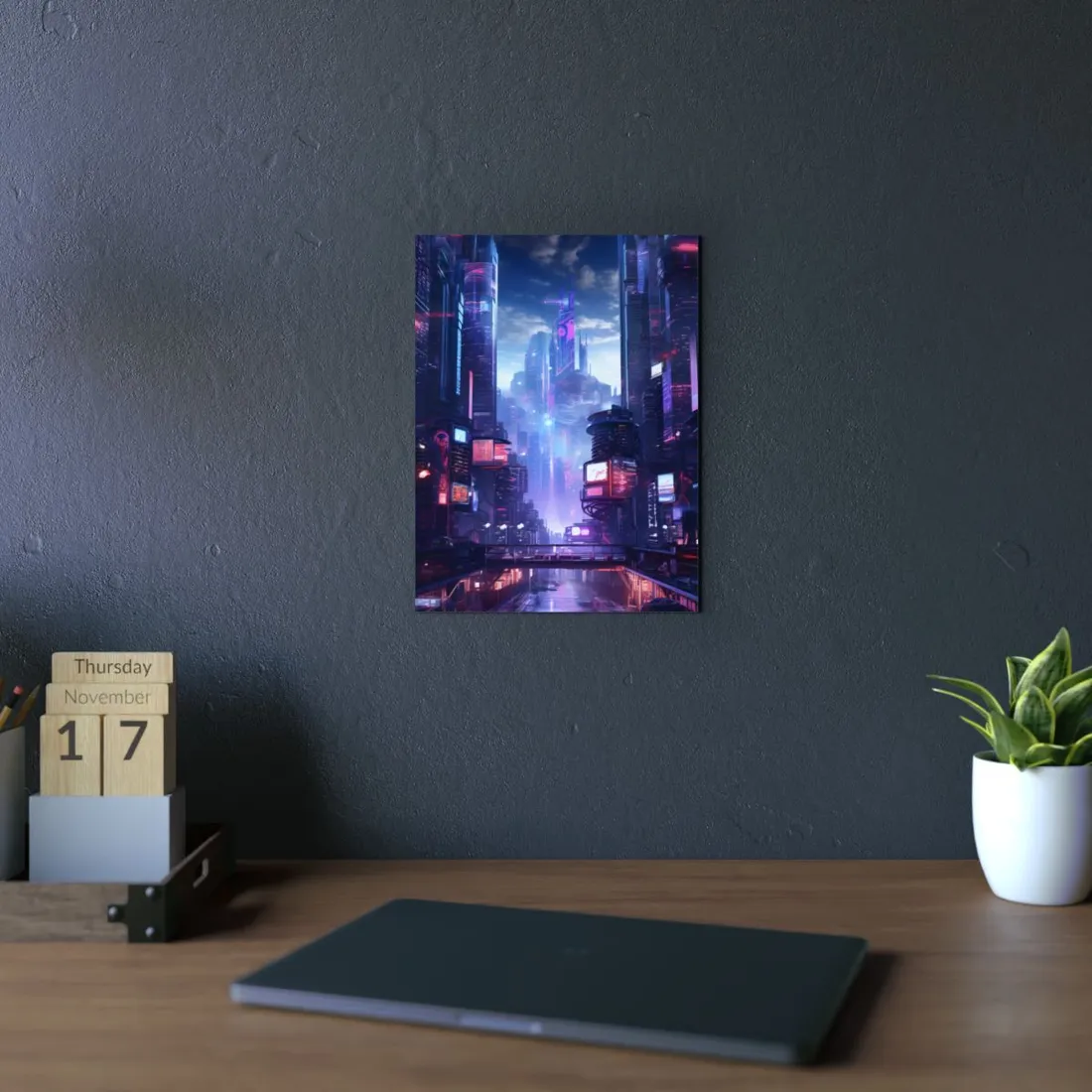 Cyberpunk Dystopia: Neon Cityscape Digital Art - Metal Poster