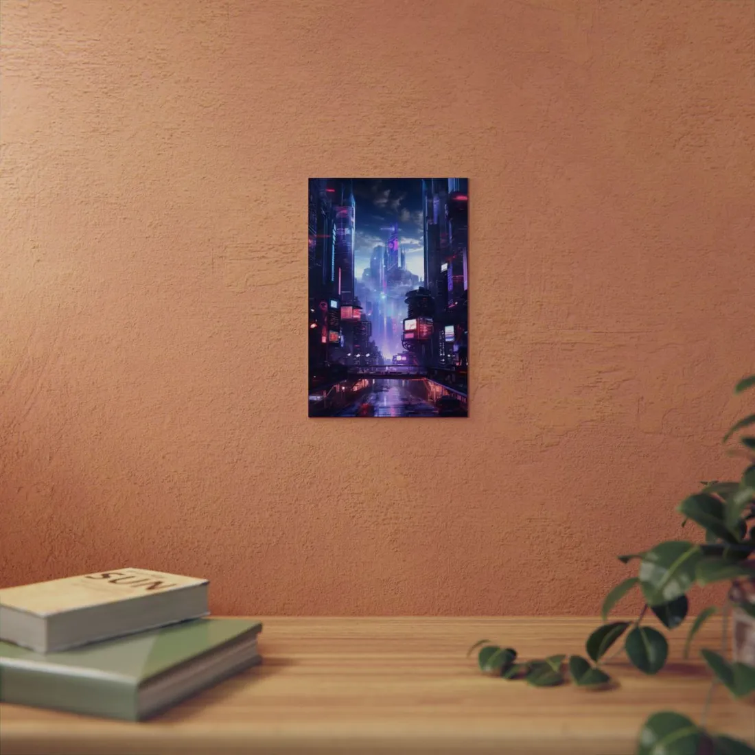 Cyberpunk Dystopia: Neon Cityscape Digital Art - Metal Poster