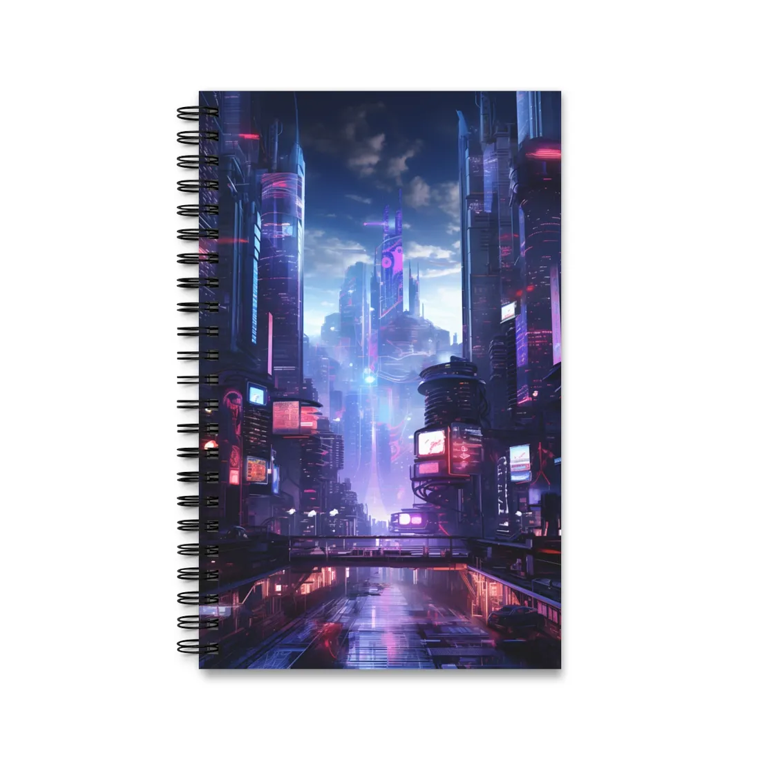 Cyberpunk Dystopia: Neon Cityscape Digital Art - Spiral Notebook