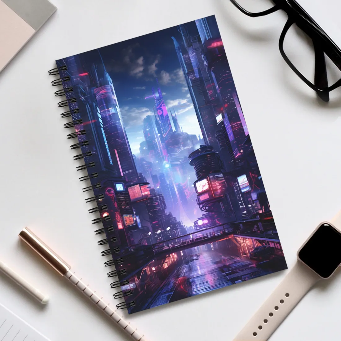 Cyberpunk Dystopia: Neon Cityscape Digital Art - Spiral Notebook