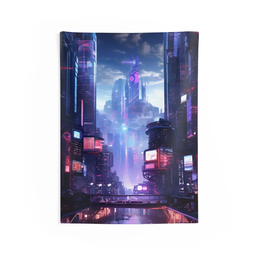Cyberpunk Dystopia: Neon Cityscape Digital Art - Wall Tapestry