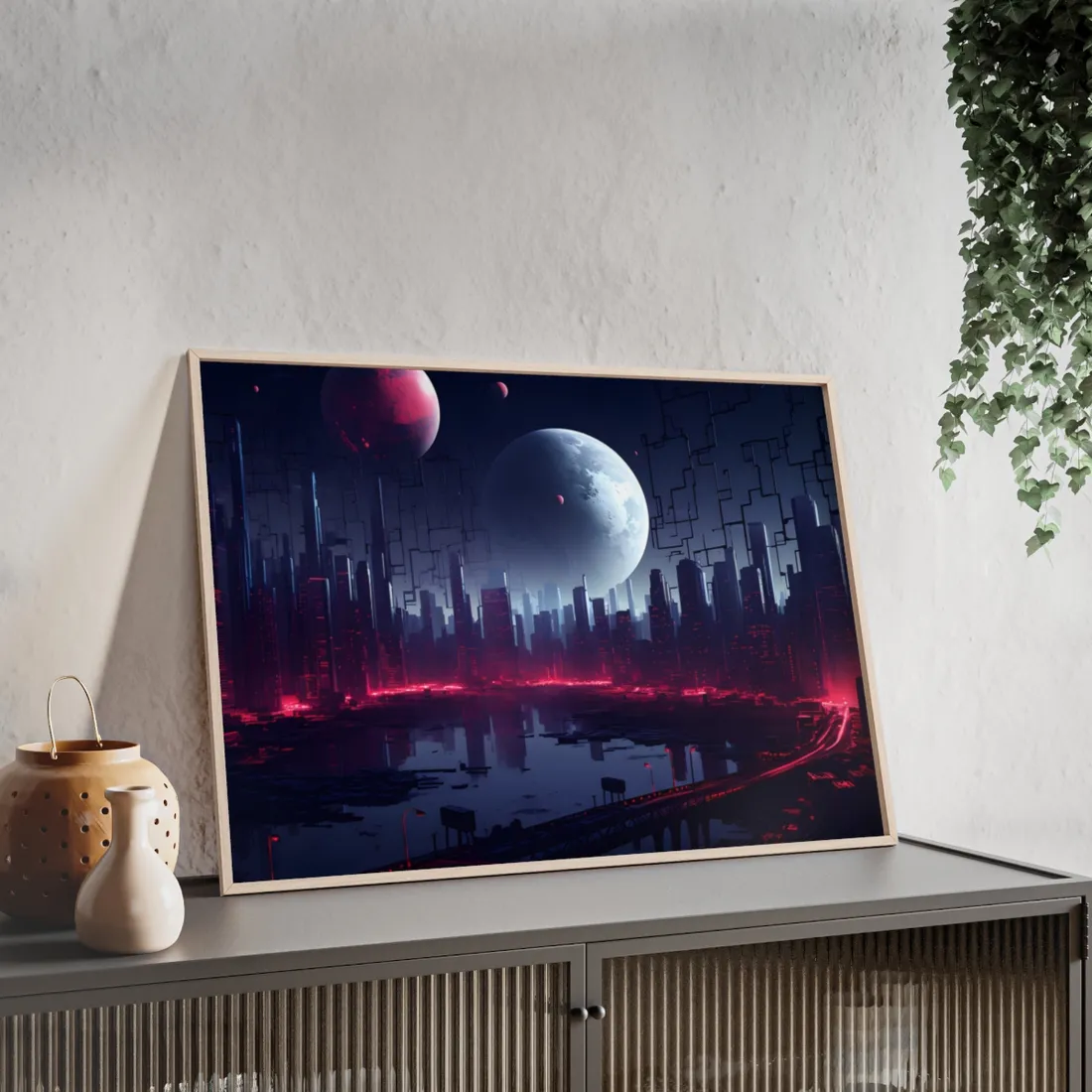 Cyberpunk Melancholy: Dark Cityscape at Night - Framed Poster