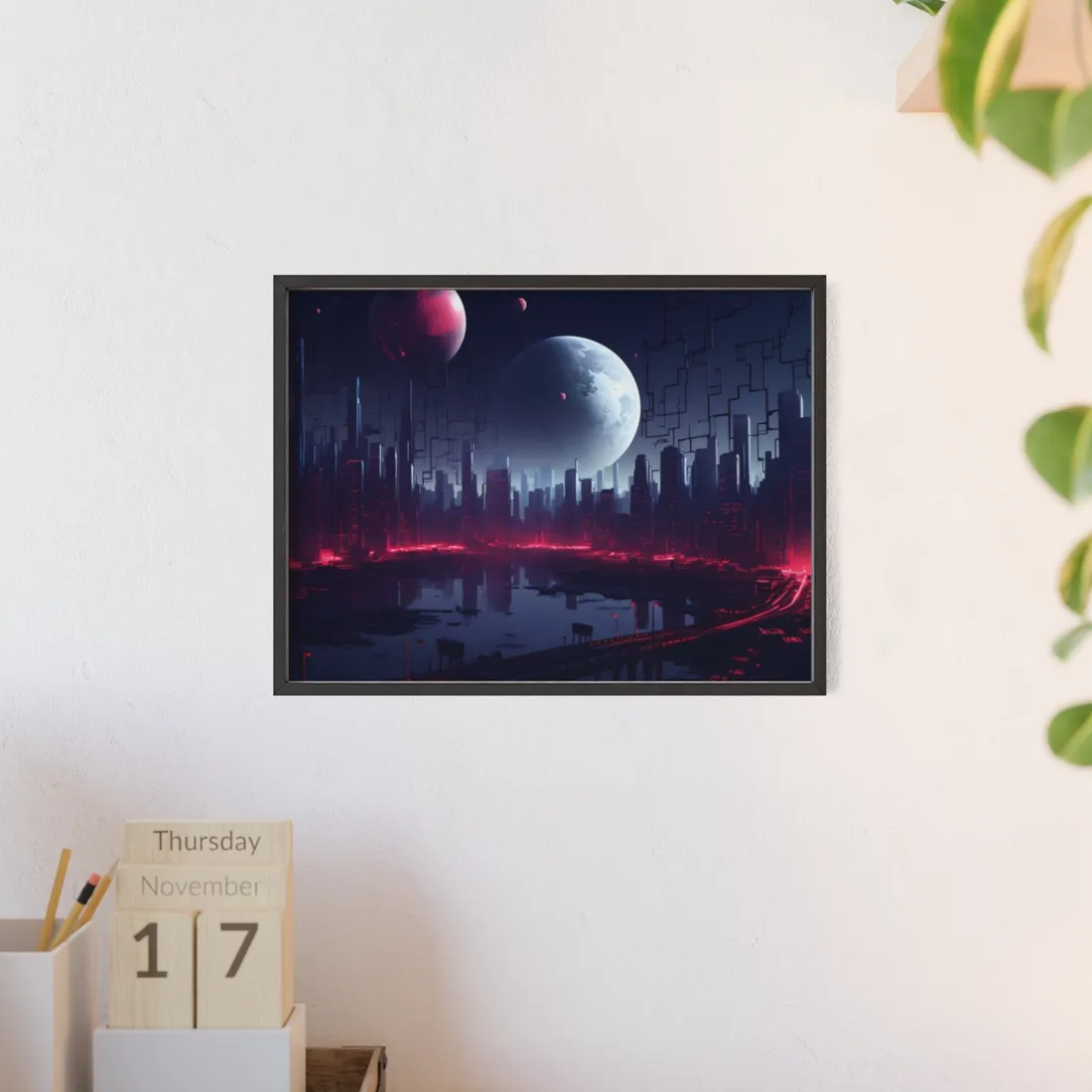 Cyberpunk Melancholy: Dark Cityscape at Night - Framed Poster