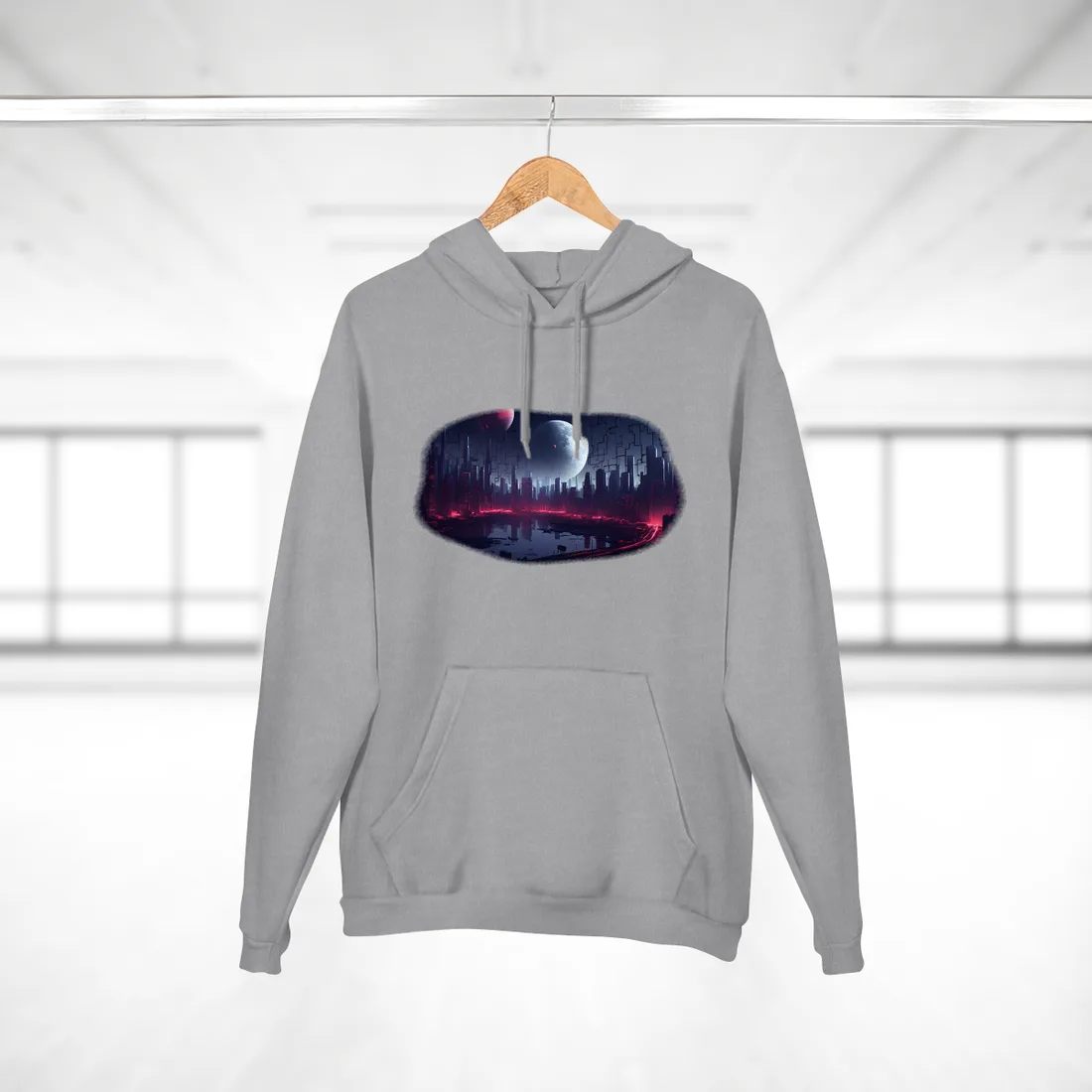 Neon-lit futuristic city at night under two planets, red glow reflecting on water – Hoodie, heather grey