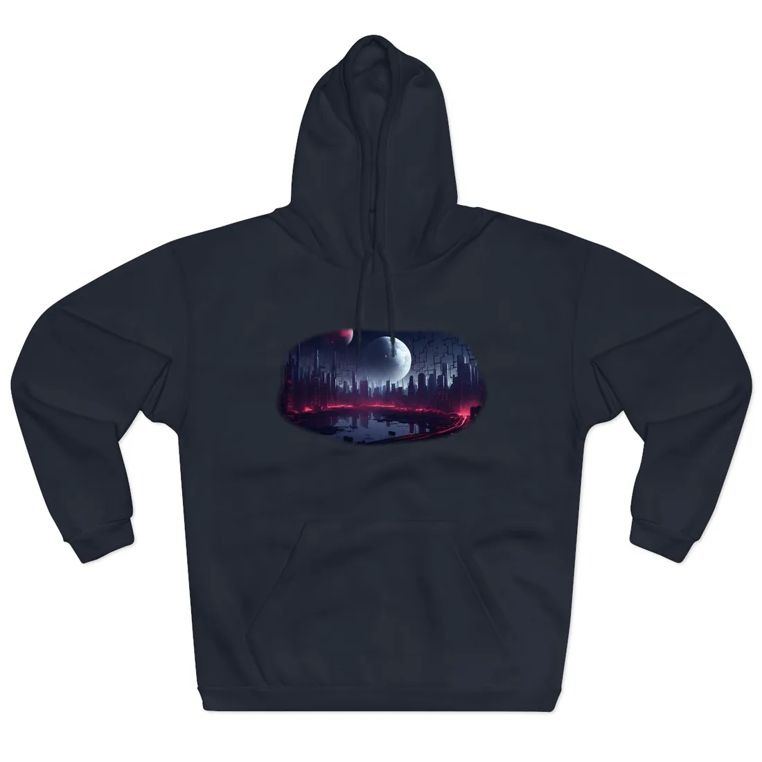 Neon-lit futuristic city at night under two planets, red glow reflecting on water – Hoodie, navy