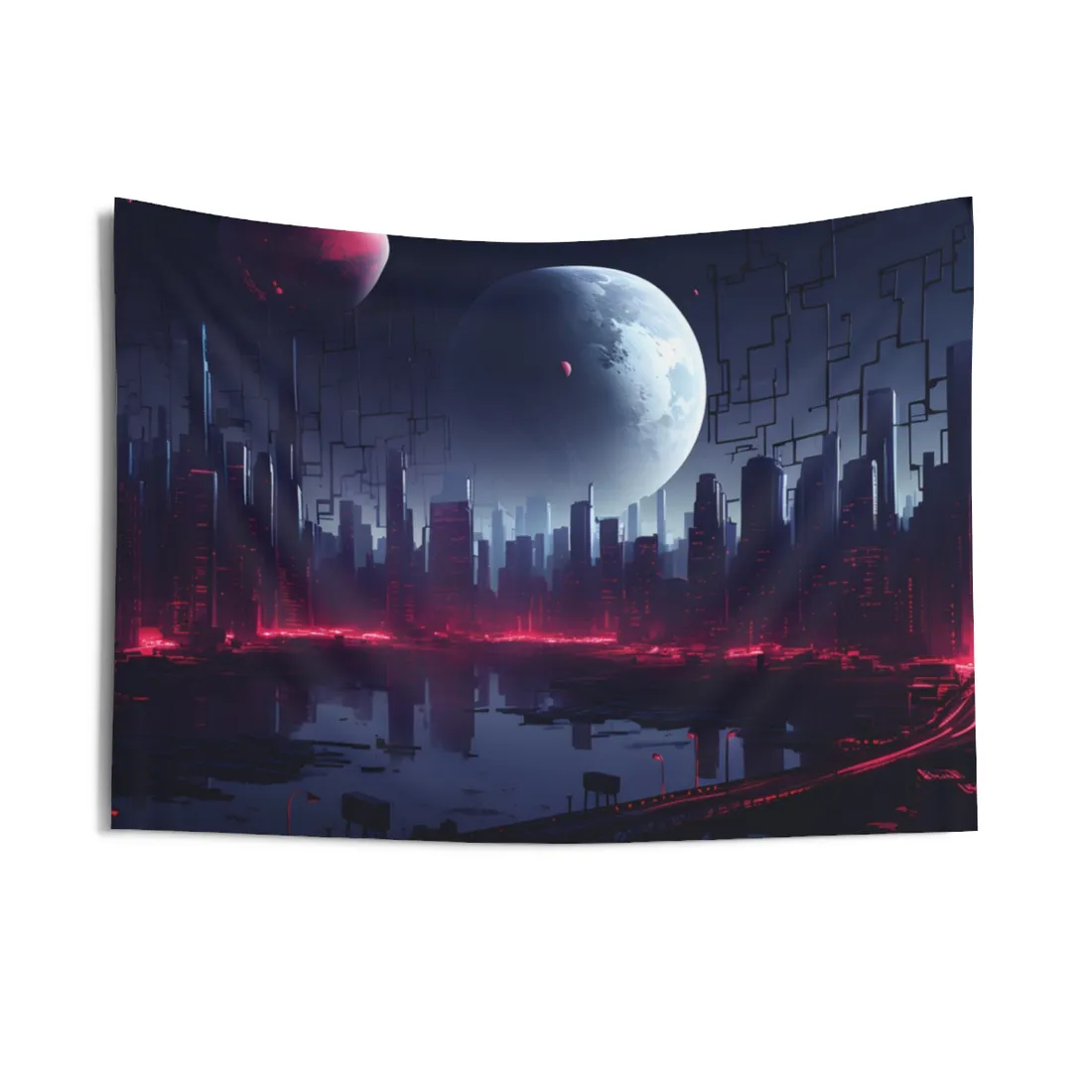 Cyberpunk Melancholy: Dark Cityscape at Night - Wall Tapestry