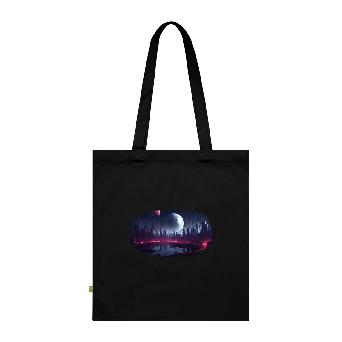 Neon-lit futuristic city at night under two planets, red glow reflecting on water – Tote Bag, black