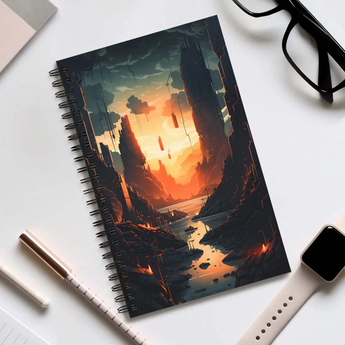 Cyberpunk Metropolis Ablaze: Nocturnal Digital Masterpiece - Spiral Notebook