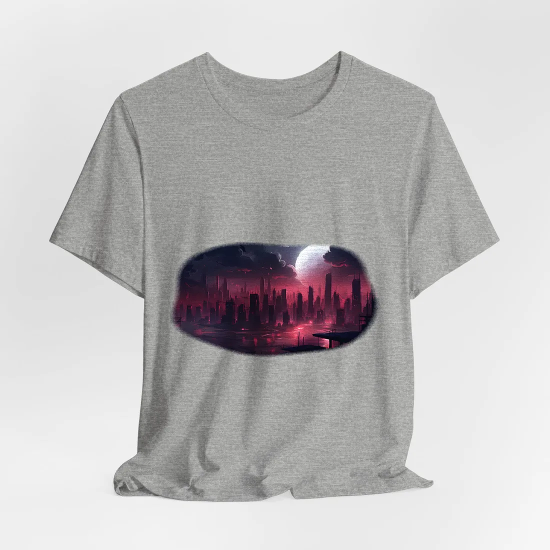 Digital illustration of a city skyline beneath a glowing moon and red-tinged clouds – T-Shirt, athletic heather