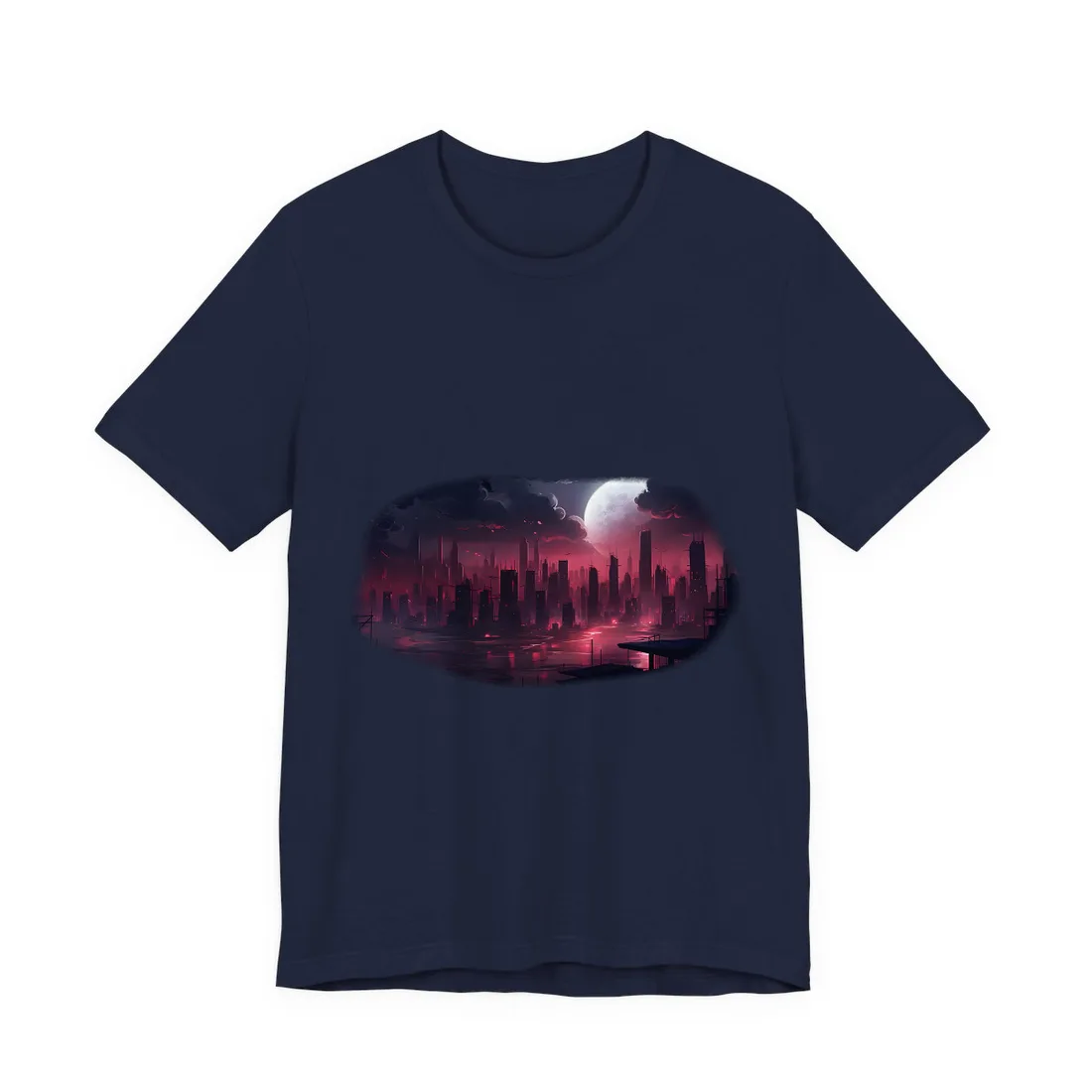 Digital illustration of a city skyline beneath a glowing moon and red-tinged clouds – T-Shirt, navy
