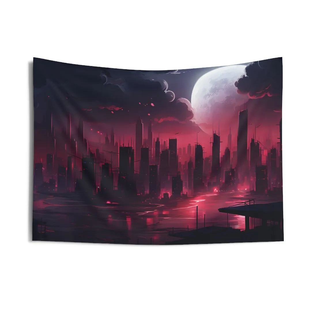 Cyberpunk Night: Burning Cityscape Digital Art - Wall Tapestry
