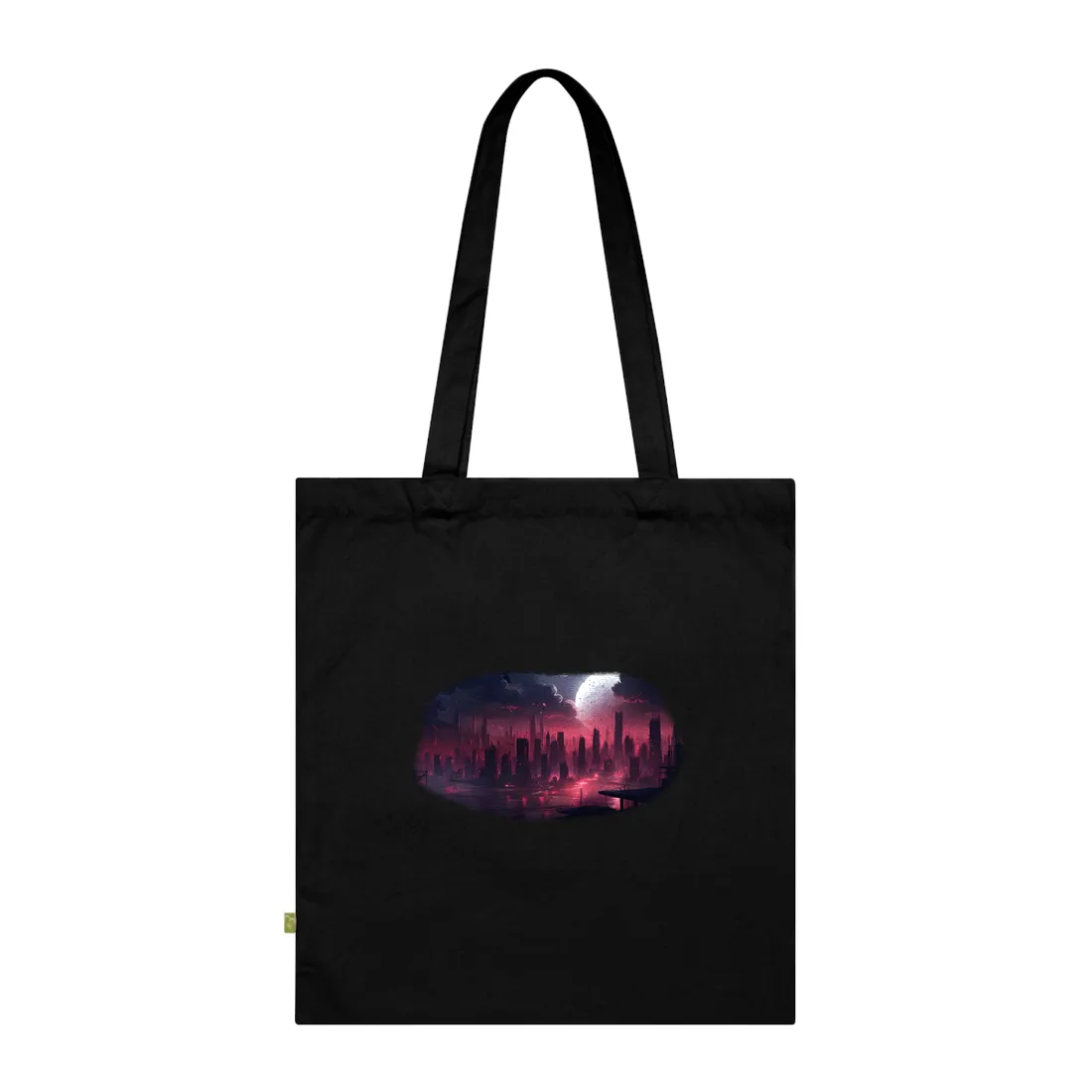 Digital illustration of a city skyline beneath a glowing moon and red-tinged clouds – Tote Bag, black