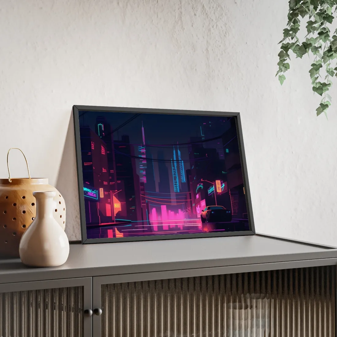 Cyberpunk Night City: Melancholic Urban Landscape - Framed Poster