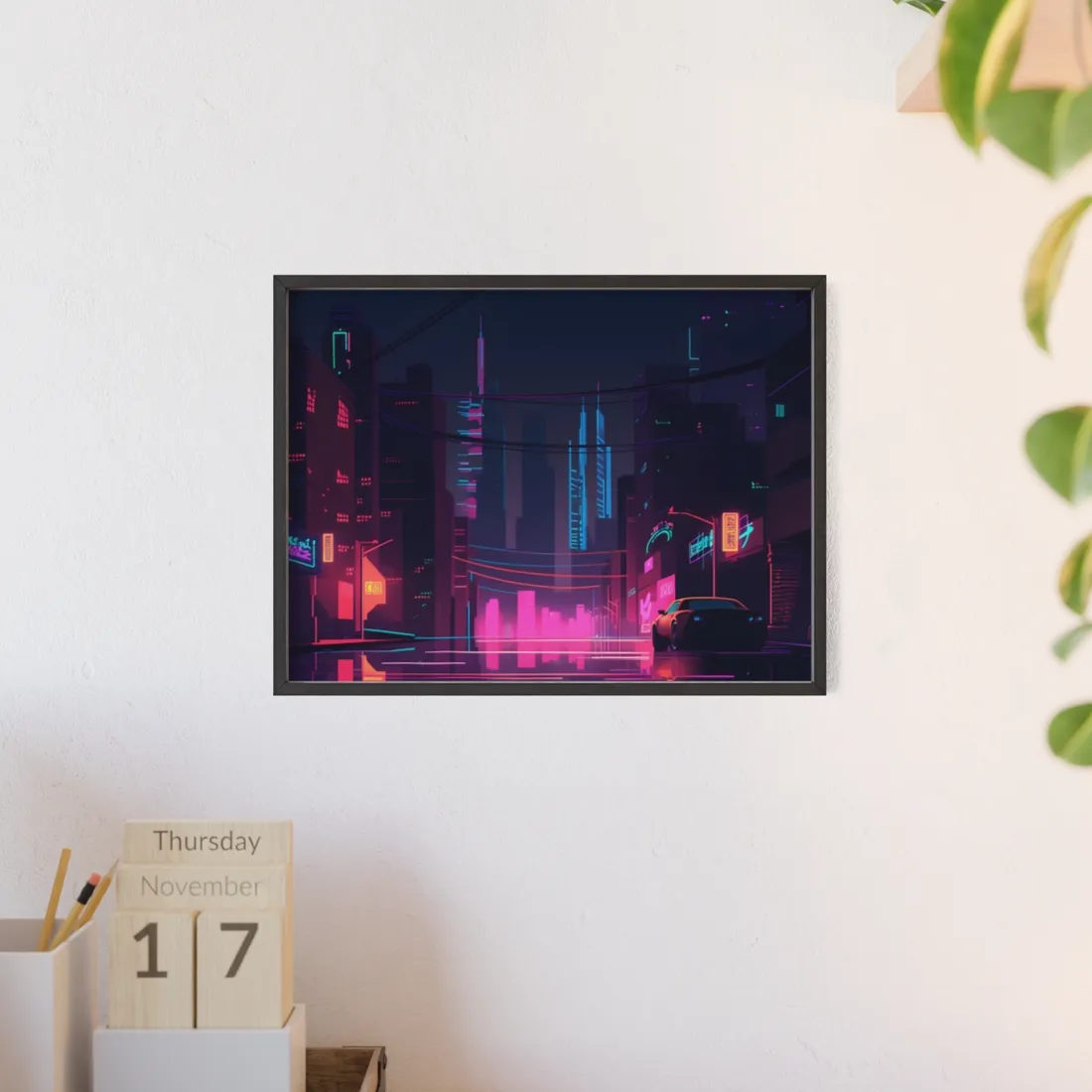 Cyberpunk Night City: Melancholic Urban Landscape - Framed Poster