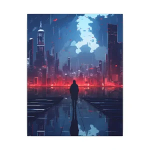 Hooded Figure Facing City Skyline Canvas Print