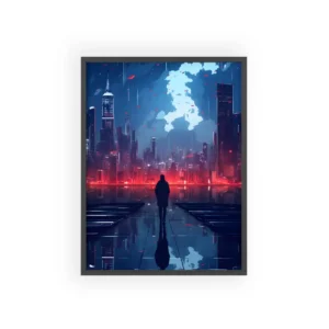 Hooded Figure Facing City Skyline Framed Poster