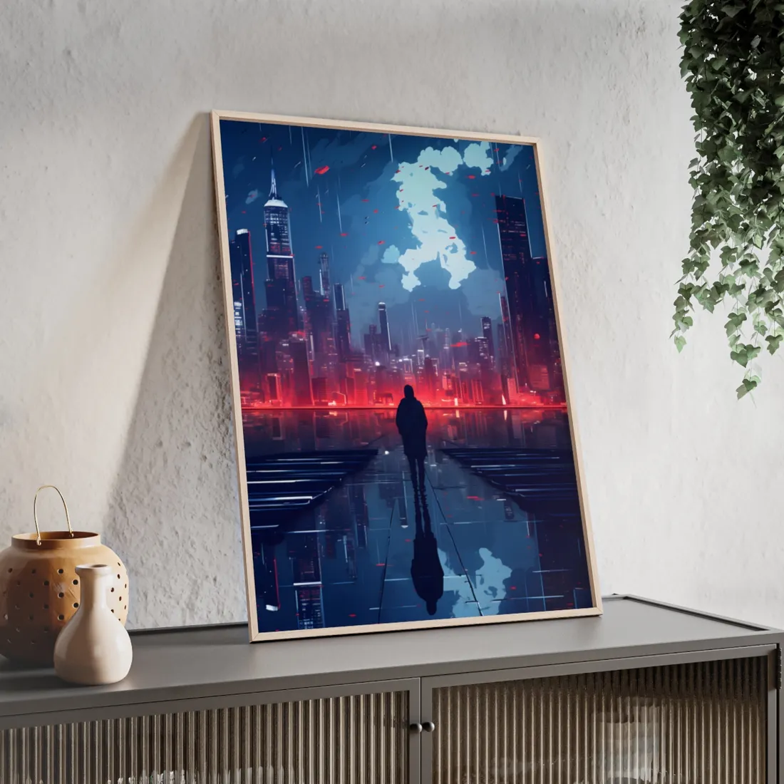 Cyberpunk Night Cityscape: A Melancholic Moment - Framed Poster