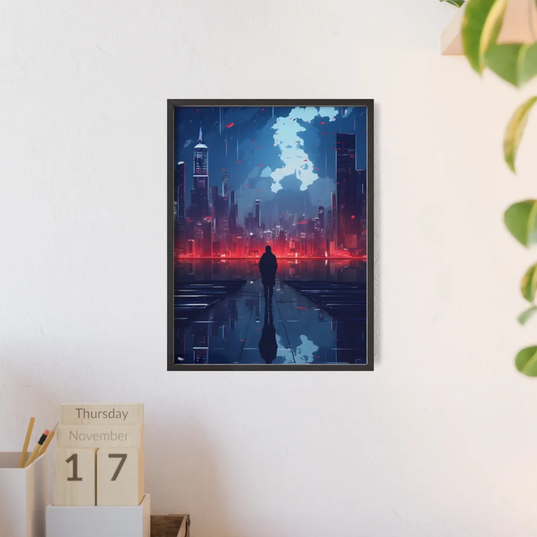 Cyberpunk Night Cityscape: A Melancholic Moment - Framed Poster