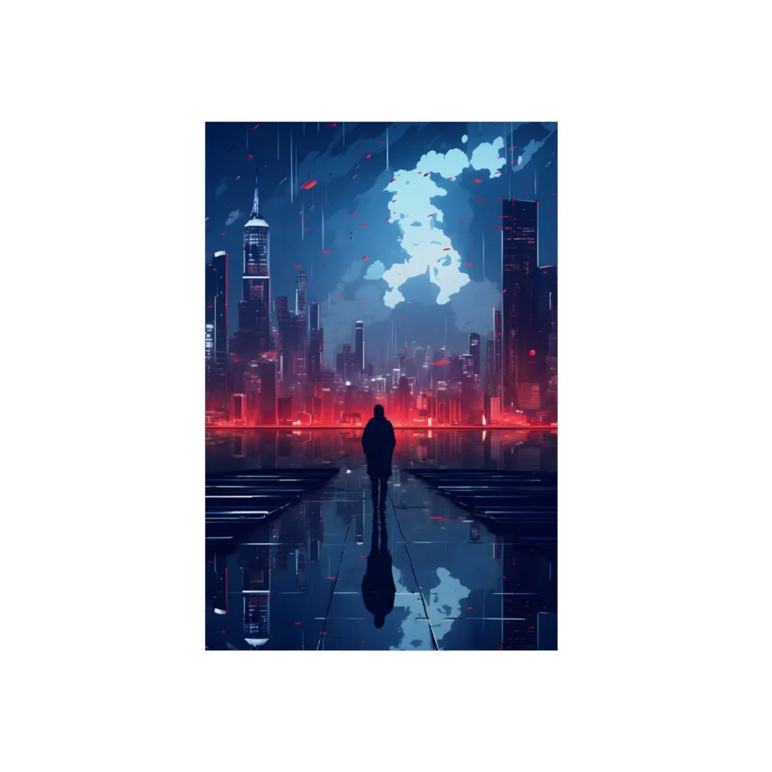 Cyberpunk Night Cityscape: A Melancholic Moment - Metal Poster