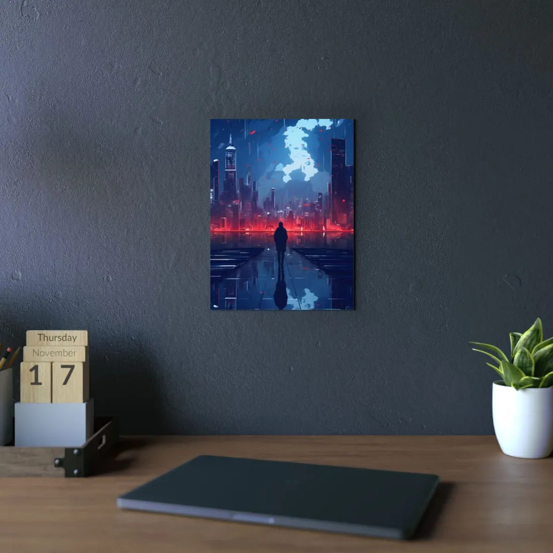 Cyberpunk Night Cityscape: A Melancholic Moment - Metal Poster