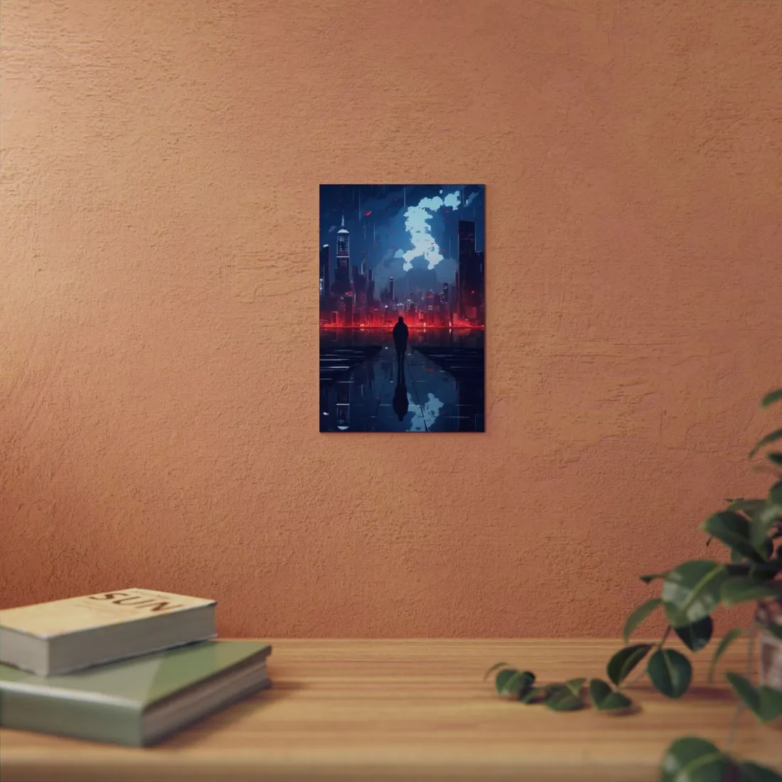 Cyberpunk Night Cityscape: A Melancholic Moment - Metal Poster