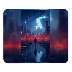 Hooded Figure Facing City Skyline Mouse Pad
