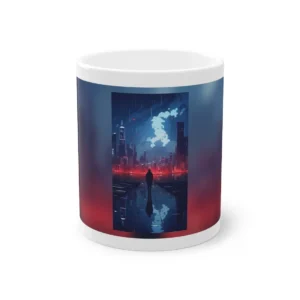Hooded Figure Facing City Skyline Mug