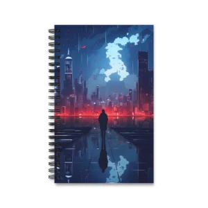 Hooded Figure Facing City Skyline Spiral Notebook