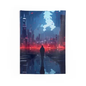 Hooded Figure Facing City Skyline Wall Tapestry
