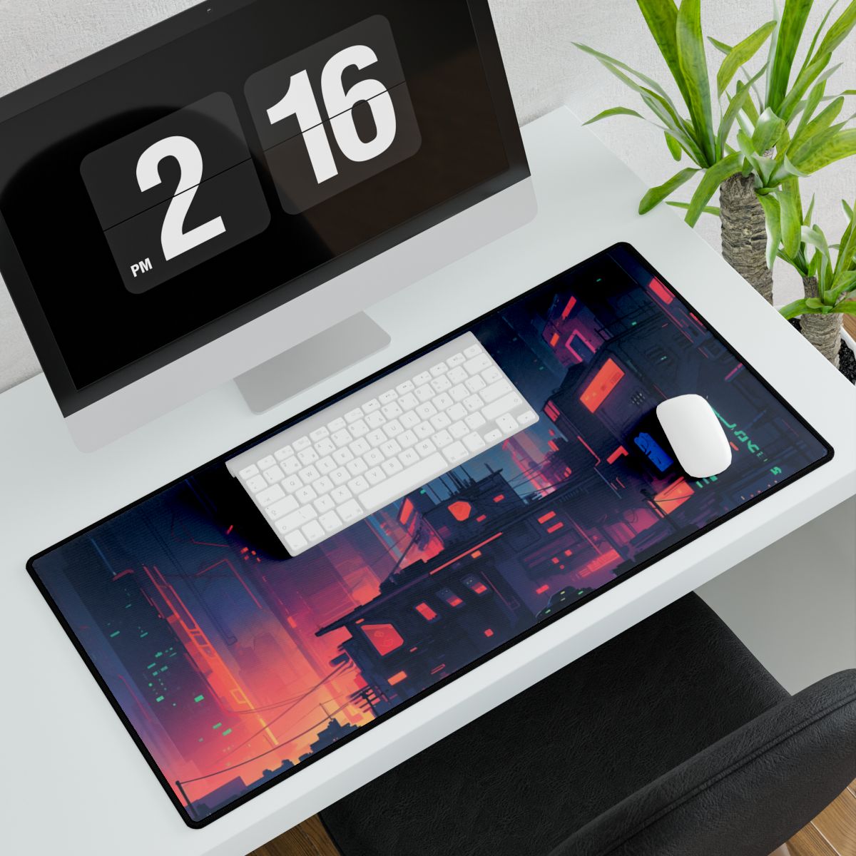 Cyberpunk Night: Melancholic Cityscape Digital Art - Desk Mat