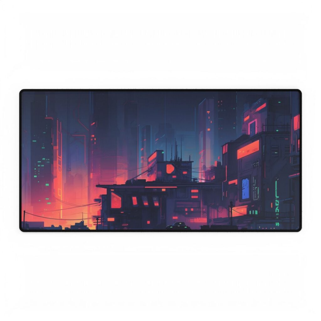 Cyberpunk Night: Melancholic Cityscape Digital Art - Desk Mat
