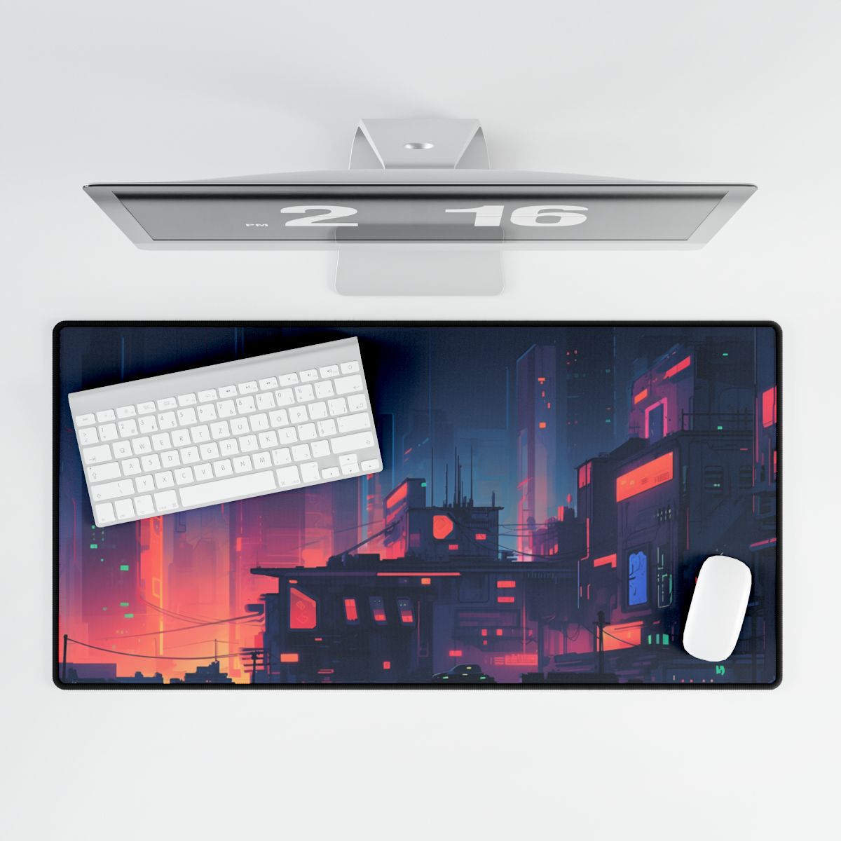 Cyberpunk Night: Melancholic Cityscape Digital Art - Desk Mat