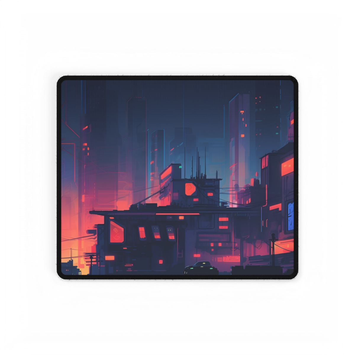 Cyberpunk Night: Melancholic Cityscape Digital Art - Desk Mat