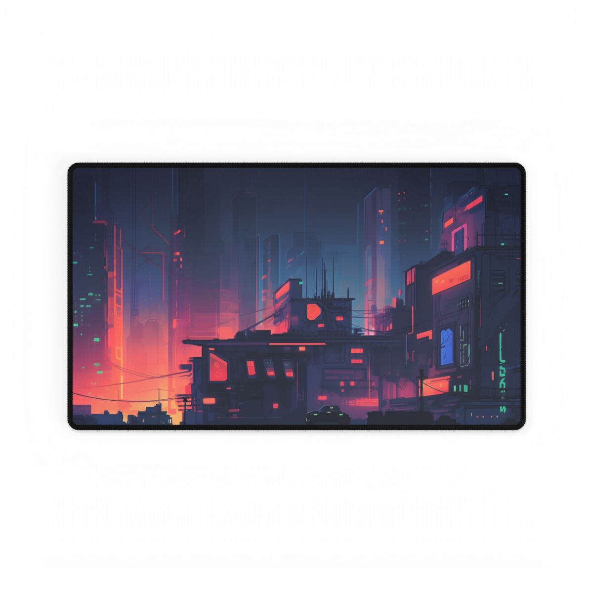 Cyberpunk Night: Melancholic Cityscape Digital Art - Desk Mat