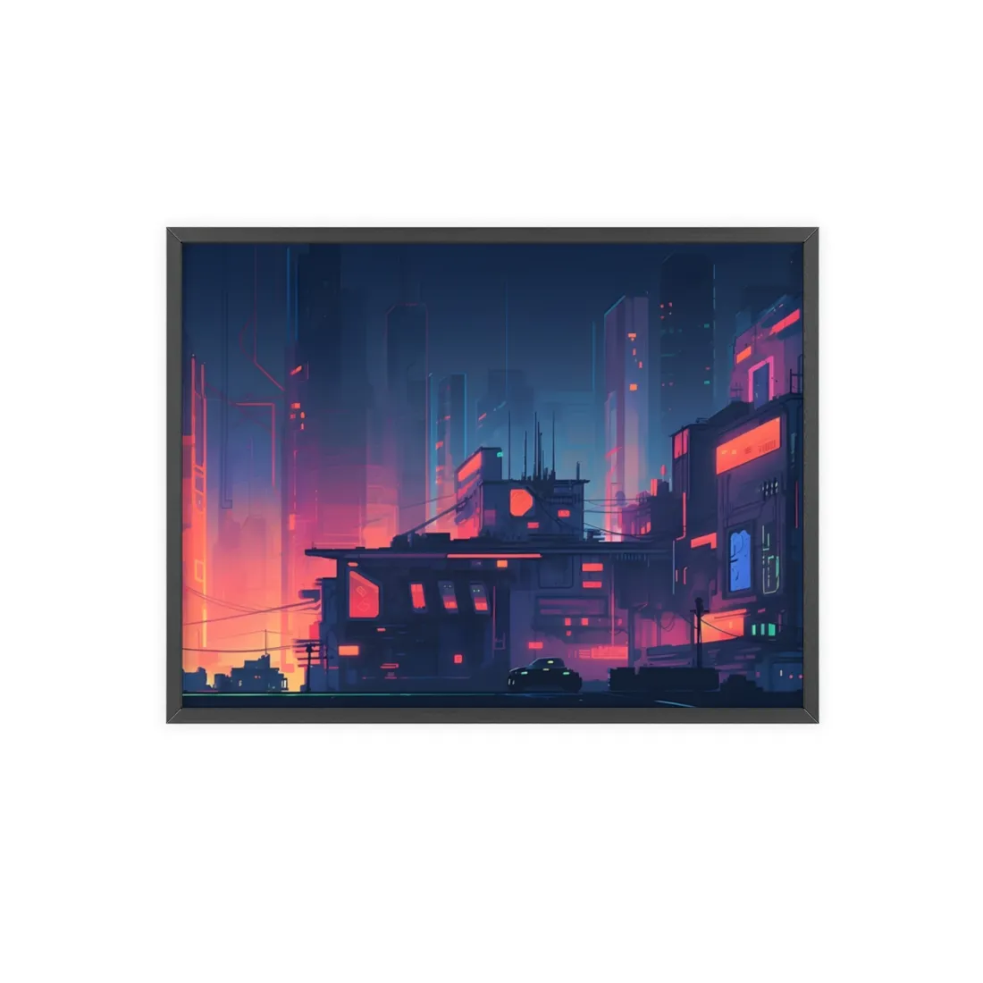 Cyberpunk Night: Melancholic Cityscape Digital Art - Framed Poster