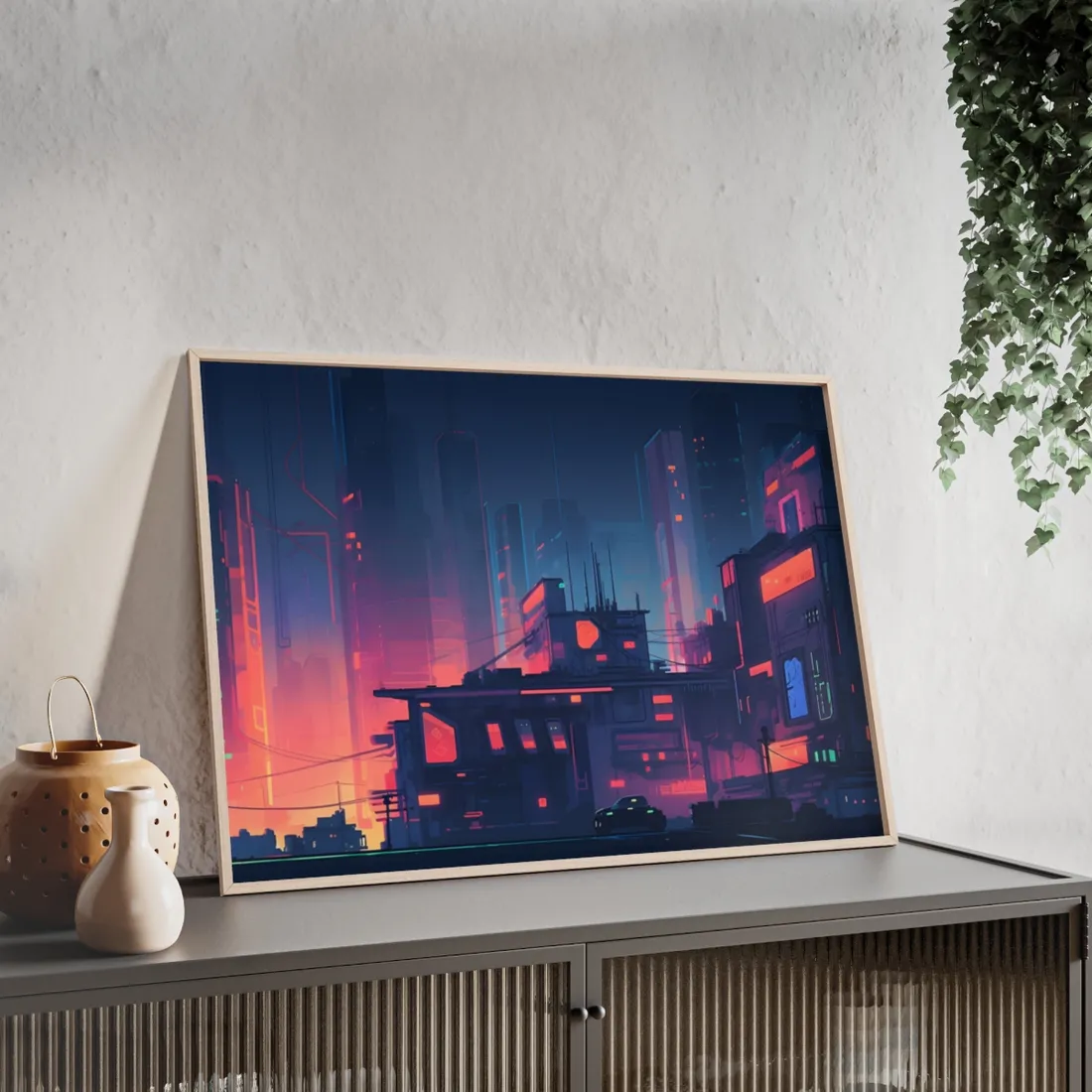Cyberpunk Night: Melancholic Cityscape Digital Art - Framed Poster