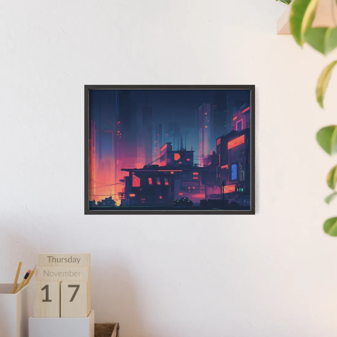 Cyberpunk Night: Melancholic Cityscape Digital Art - Framed Poster