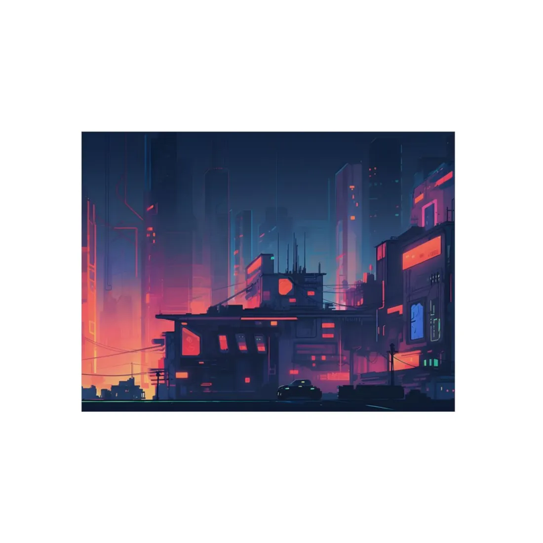 Cyberpunk Night: Melancholic Cityscape Digital Art - Metal Poster