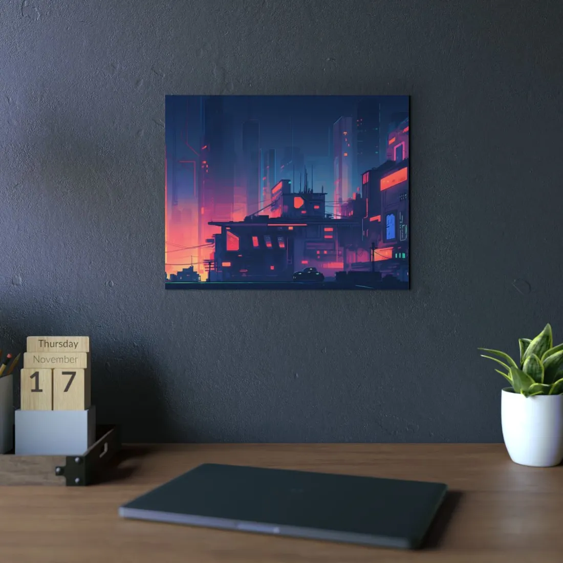 Cyberpunk Night: Melancholic Cityscape Digital Art - Metal Poster