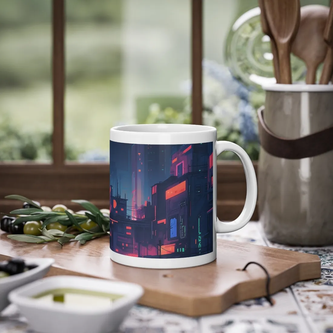 Cyberpunk Night: Melancholic Cityscape Digital Art - Mug