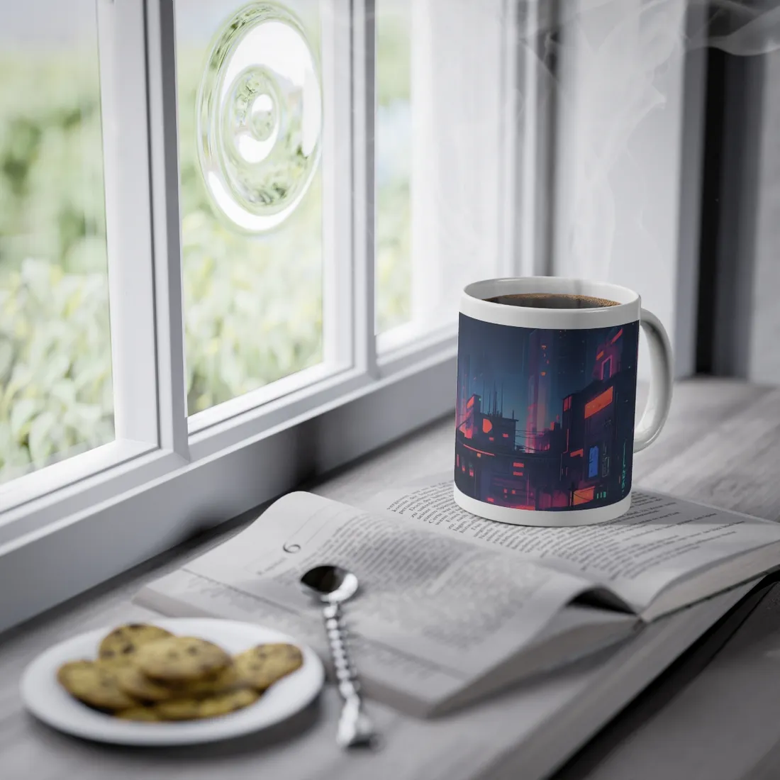 Cyberpunk Night: Melancholic Cityscape Digital Art - Mug