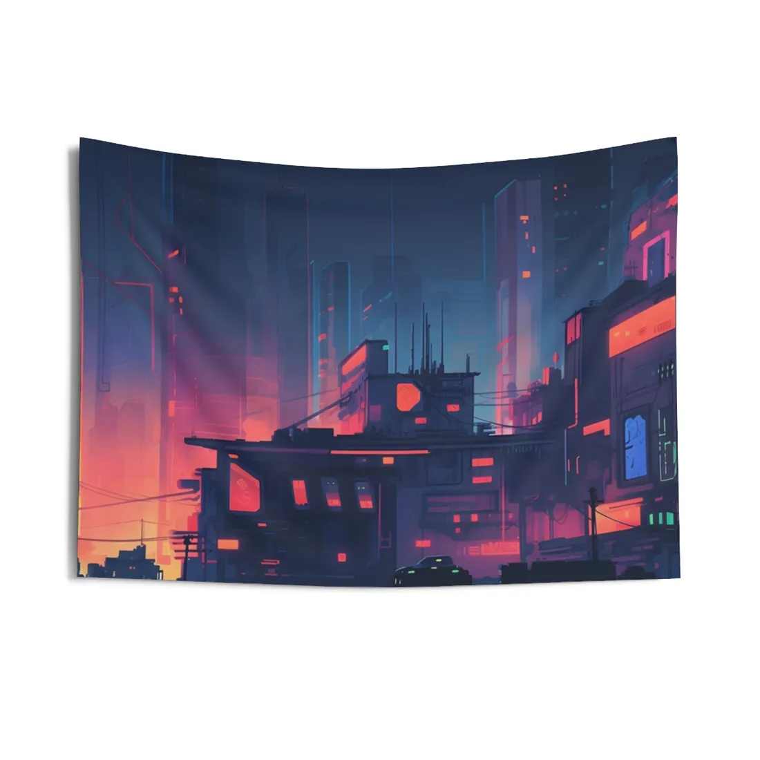 Cyberpunk Night: Melancholic Cityscape Digital Art - Wall Tapestry