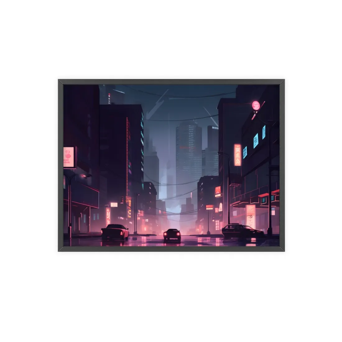 Cyberpunk Night: Melancholic Cityscape - Framed Poster