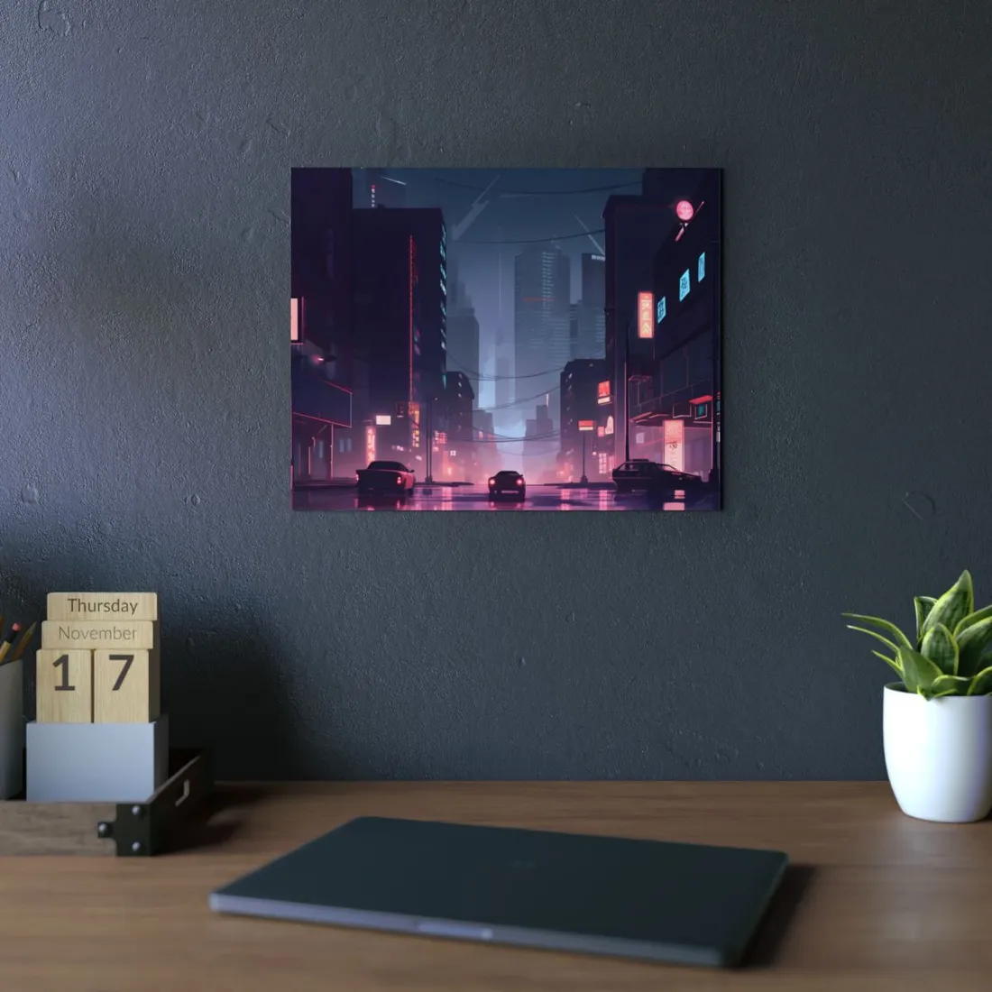 Cyberpunk Night: Melancholic Cityscape - Metal Poster