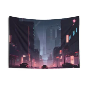 Night Street with Neon Signs Wall Tapestry