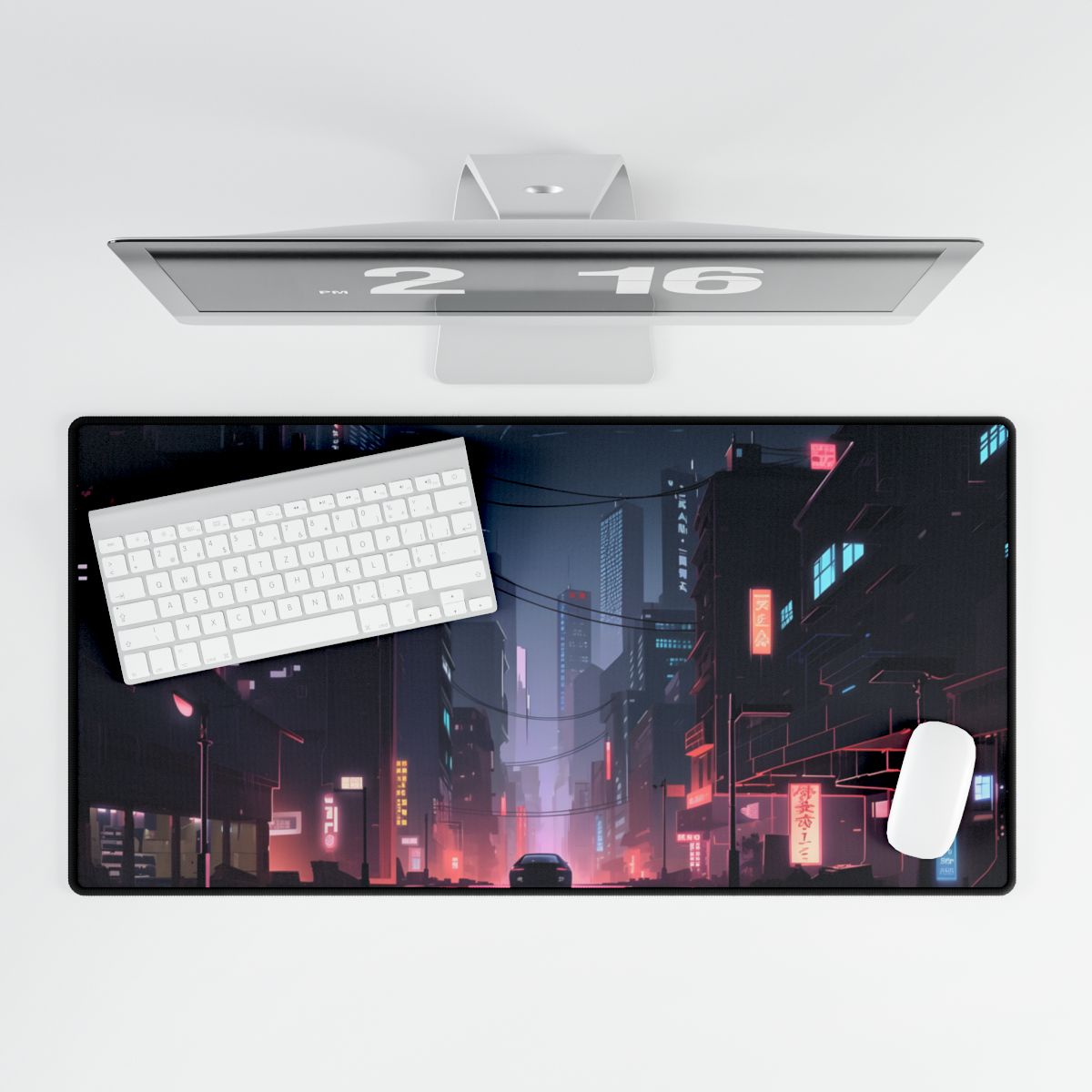 Cyberpunk Night: Melancholic Urban Landscape Artwork - Desk Mat