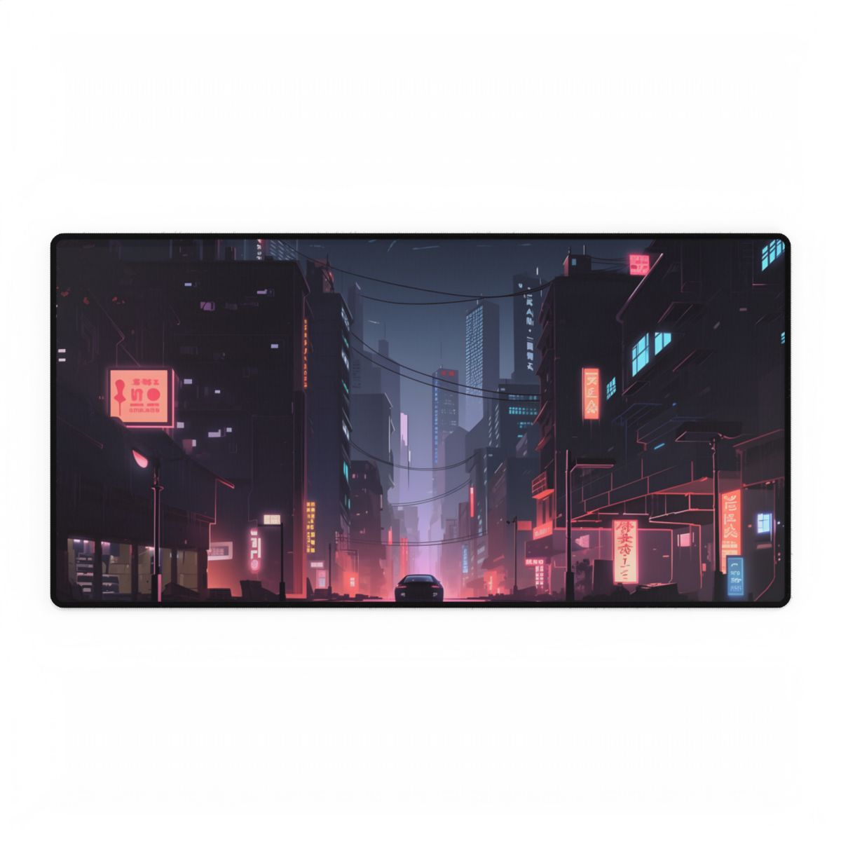 Cyberpunk Night: Melancholic Urban Landscape Artwork - Desk Mat