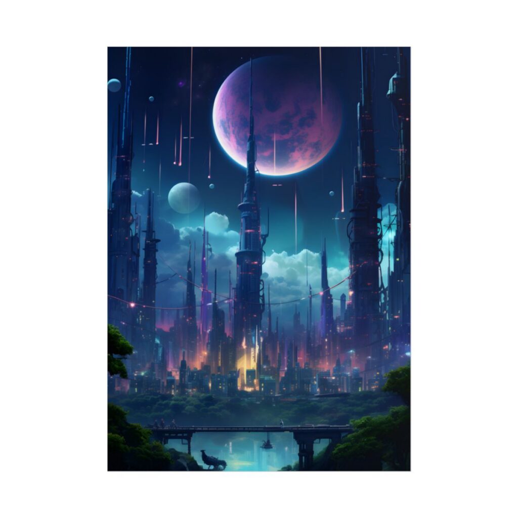 Cyberpunk Night: Melancholic Urban Landscape Digital Artwork - Poster