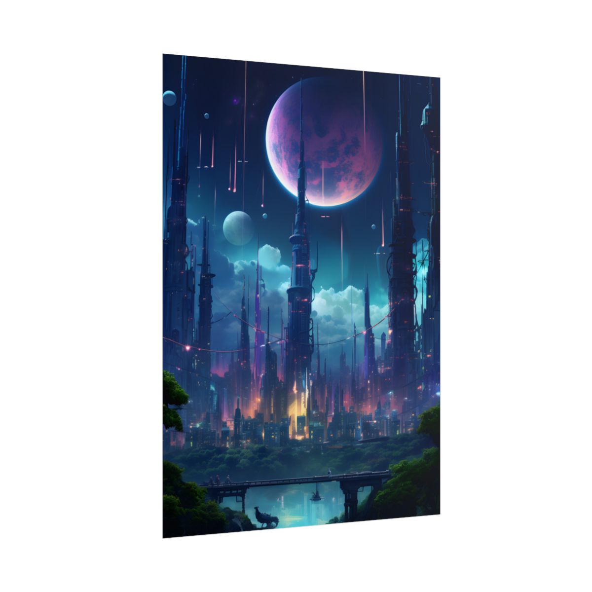 Cyberpunk Night: Melancholic Urban Landscape Digital Artwork - Poster