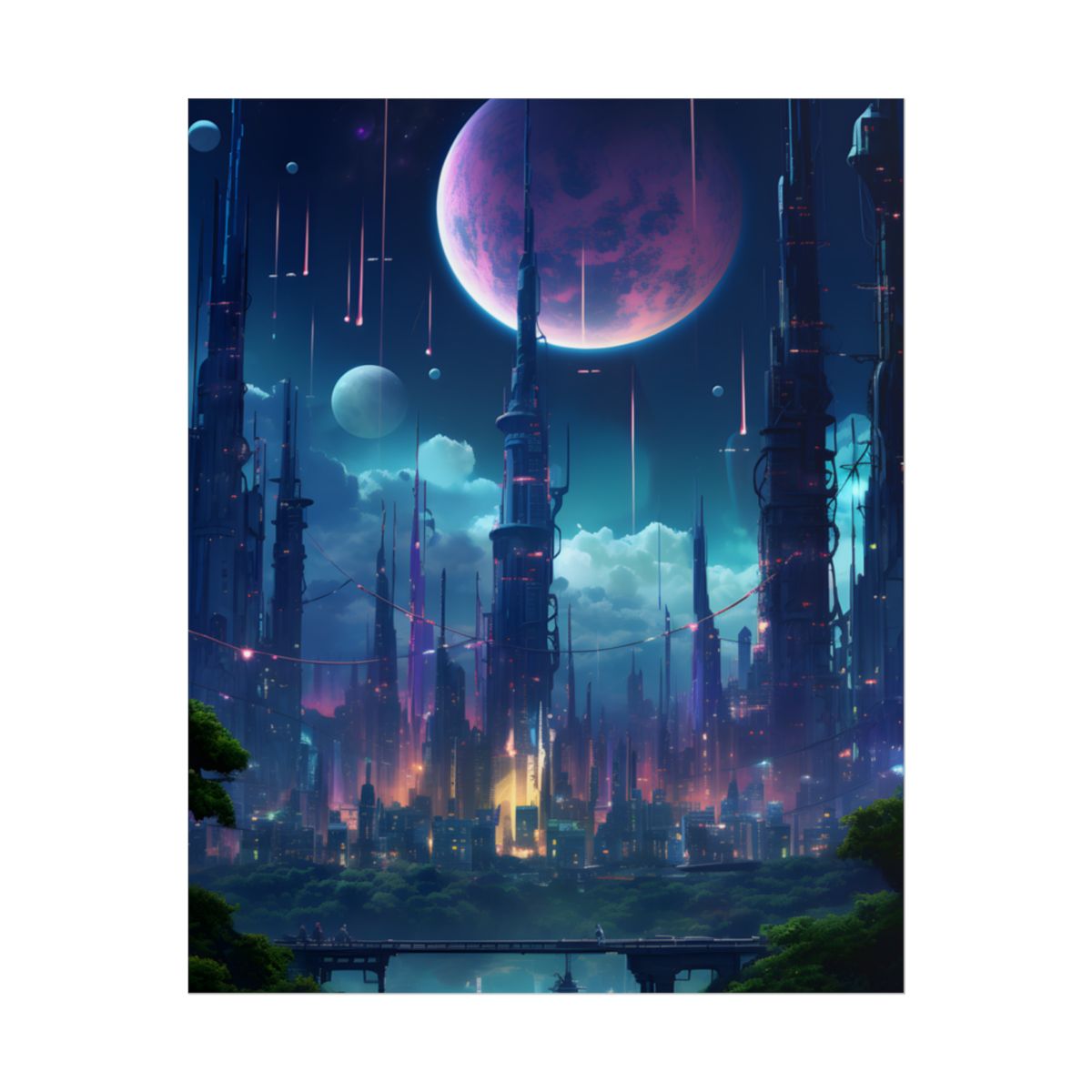 Cyberpunk Night: Melancholic Urban Landscape Digital Artwork - Poster